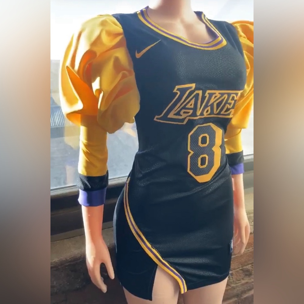 Custom jersey dress with puff sleeves